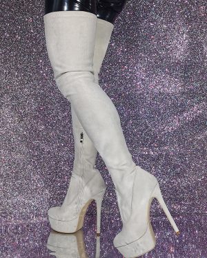 Over The Knee Boots Ecru White Women's Over The Knee Boots Micro Suede Upper Stiletto Heel