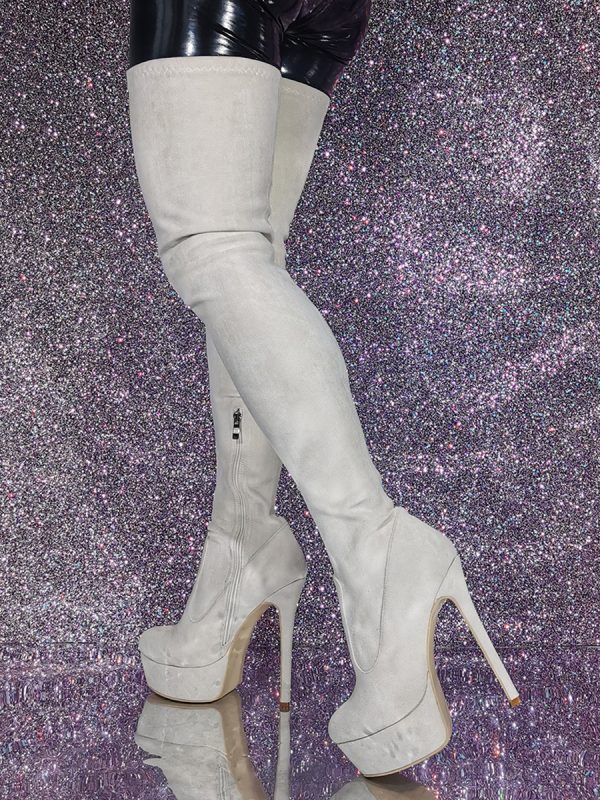 Over The Knee Boots Ecru White Women's Over The Knee Boots Micro Suede Upper Stiletto Heel