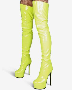 Over The Knee Boots Leather Platform Round Toe Bright Leather Zip Up High Heel Thigh High Boots
