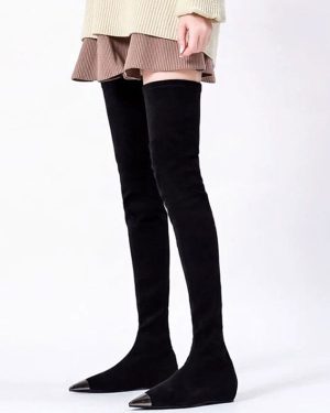 Over The Knee Boots Suede Black Pointed Toe Flat Thigh High Boots For Women