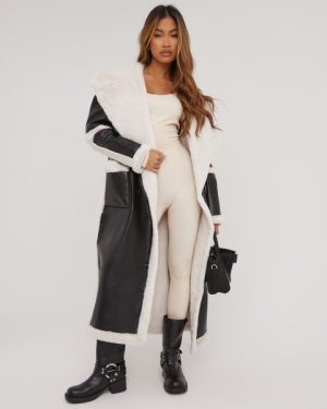 Oversized Borg Contrast Detail Maxi Aviator Coat In Black Faux Leather, Women's Size UK 6