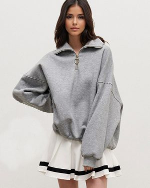 Oversized Half-Zip Sweatshirt With Dropped Shoulders Relaxed Fit Spring Tops For Women 2025