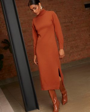 Oversized Roll Neck Knitted Dress in Burnt Orange - S