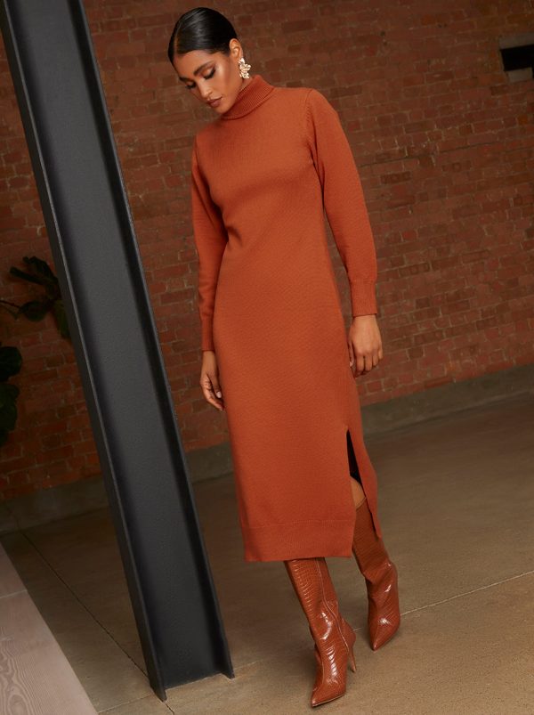 Oversized Roll Neck Knitted Dress in Burnt Orange - S