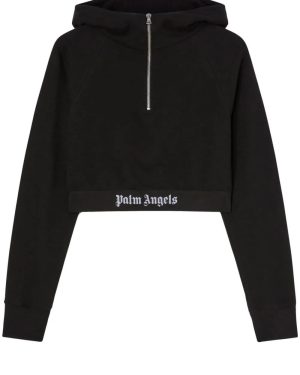 PALM ANGELS WOMENS LOGO TAPE ZIP HOODY Size: L, colour: BLACK