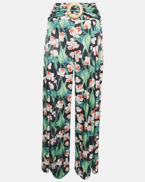 PATBO Black Floral Print Satin Belted Wide-Leg Pants S