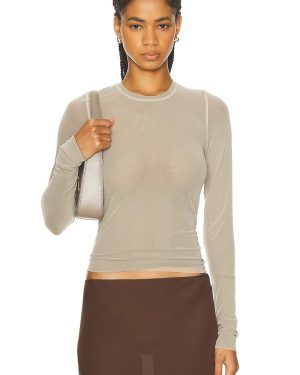 PRISCAVera Long Sleeve Mesh Top in Beige & Brown - Taupe. Size L (also in M, S, XS).
