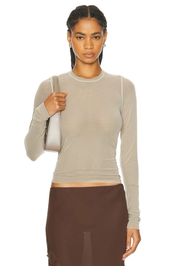 PRISCAVera Long Sleeve Mesh Top in Beige & Brown - Taupe. Size L (also in M, S, XS).