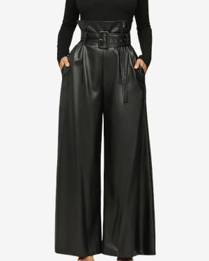 PU Leather Pants High Waist Belt Wide Legs Solid Color Women Trousers
