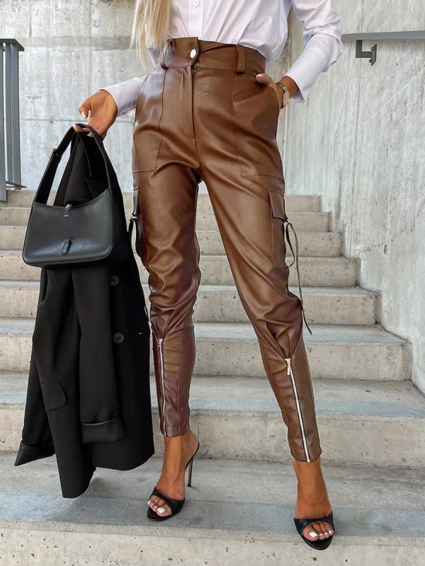 PU Leather Pants High Waist Zipper Buttons Trousers For Women