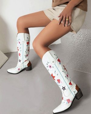 PU Leather Pointed Toe Chunky Heel Mid Calf Boots Cowgirl Wedding Shoes