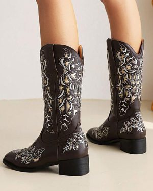 PU Leather Round Toe Cowboy Boots Puppy Heel Mid Calf Boots Cowgirl Wedding Shoes