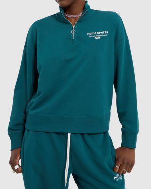 PUMA Womens Half Zip Sweatshirt in Dark Green, Size: XS