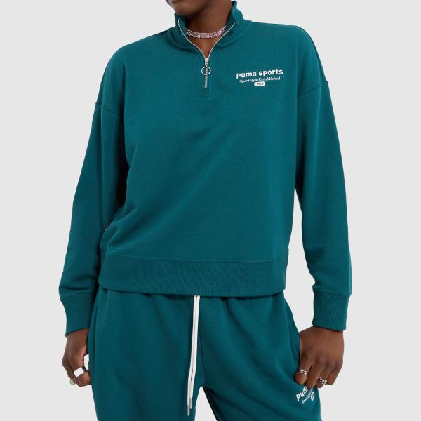 PUMA Womens Half Zip Sweatshirt in Dark Green, Size: XS