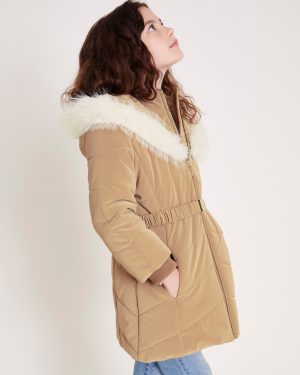 Padded Faux Fur Trim Belted Coat Camel