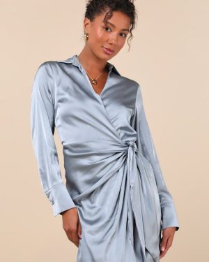 Painterly Perfection Slate Blue Satin Wrap Mini Dress