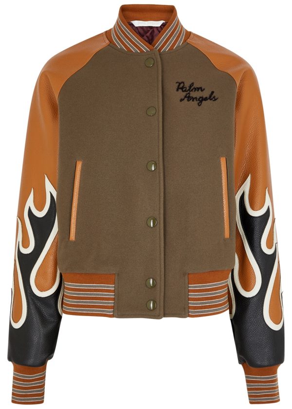 Palm Angels Burning Wool-blend and Leather Varsity Jacket - Khaki - L