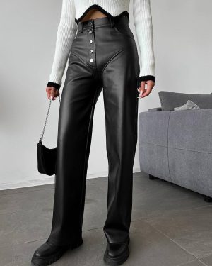 Pants Black Buttons PU Leather Trousers