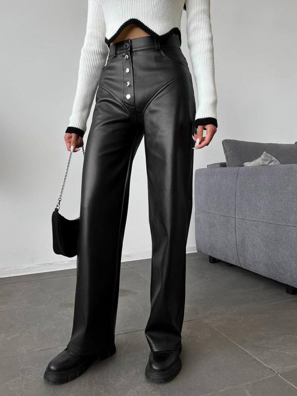 Pants Black Buttons PU Leather Trousers