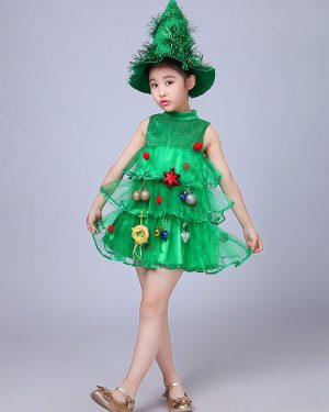 Party Dress For Christmas Green Santa Tree Polyester Fiber Hat Dress Christmas Holidays Costumes Full Set