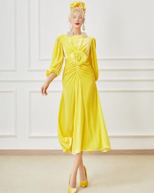 Party Dress For Mother Of The Bride Jewel Neck 3/4 Length Sleeves Ball Gown Flowers Tea-Length Guest Dresses For Wedding