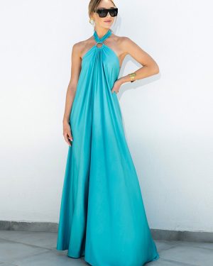 Party Dresses Blue Halter Pleated Sleeveless Backless Semi Formal Dress