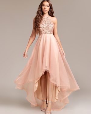 Party Dresses Champagne Jewel Neck Sequins Sleeveless High Low Design Semi Formal Dress