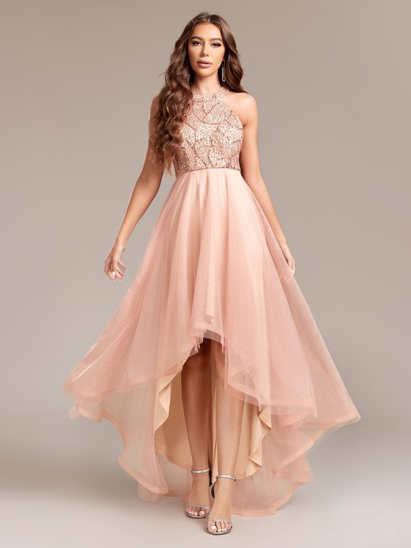 Party Dresses Champagne Jewel Neck Sequins Sleeveless High Low Design Semi Formal Dress