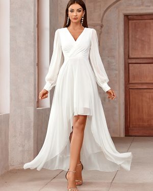 Party Dresses Red V-Neck Pleated Long Sleeves High Low Design Semi Formal Dress