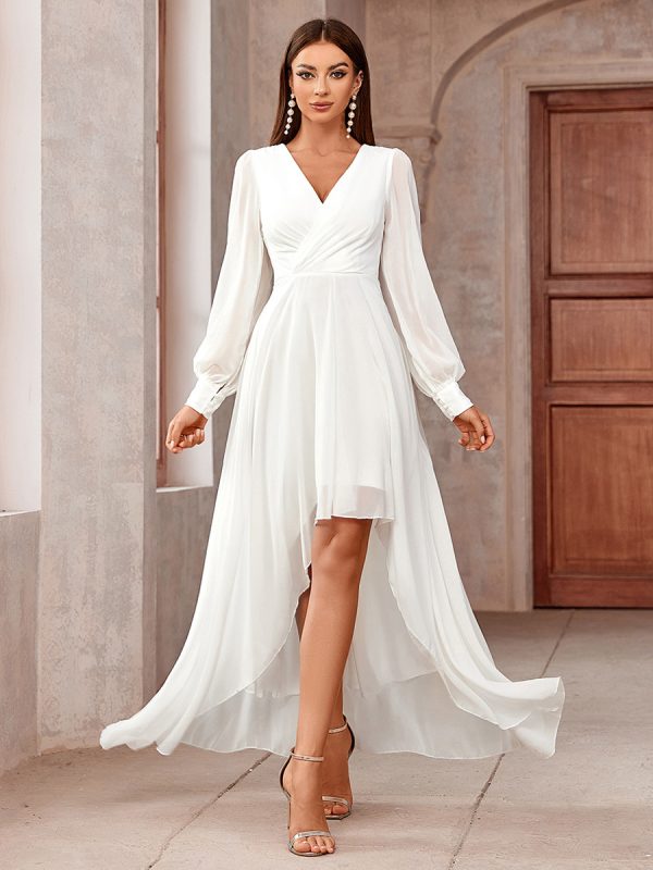 Party Dresses Red V-Neck Pleated Long Sleeves High Low Design Semi Formal Dress