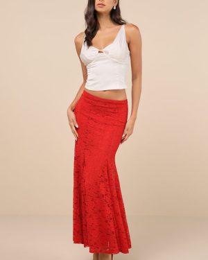 Passionate Statement Red Floral Lace Mermaid Midi Skirt