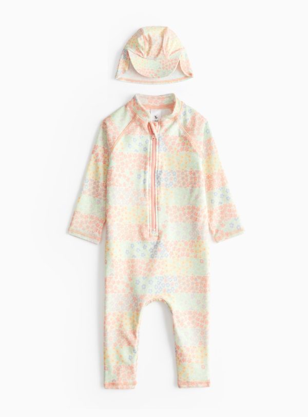 Pastel Floral Printed Sunsafe Swimsuit & Keppi Hat (9-12 Months) - Tu by Sainsbury's