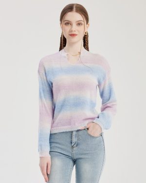 Pastel Stripe Knit Sweater V-neck Long Sleeve Spring Tops For Women 2025
