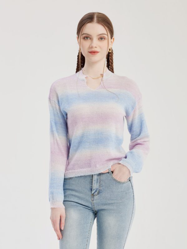 Pastel Stripe Knit Sweater V-neck Long Sleeve Spring Tops For Women 2025