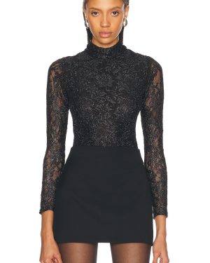 PatBO Metallic Lace High Neck Bodysuit in Black - Black. Size L (also in S, XS).