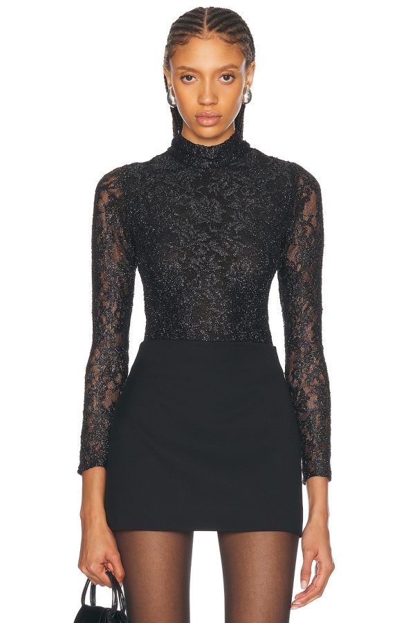 PatBO Metallic Lace High Neck Bodysuit in Black - Black. Size L (also in S, XS).