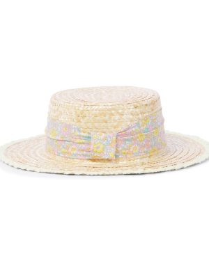 Patachou Bow-detail floral straw boater hat