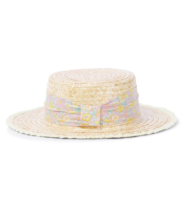 Patachou Bow-detail floral straw boater hat