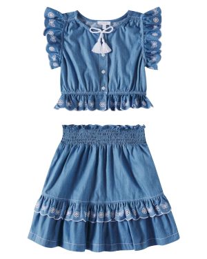 Patachou Embroidered denim top and skirt set