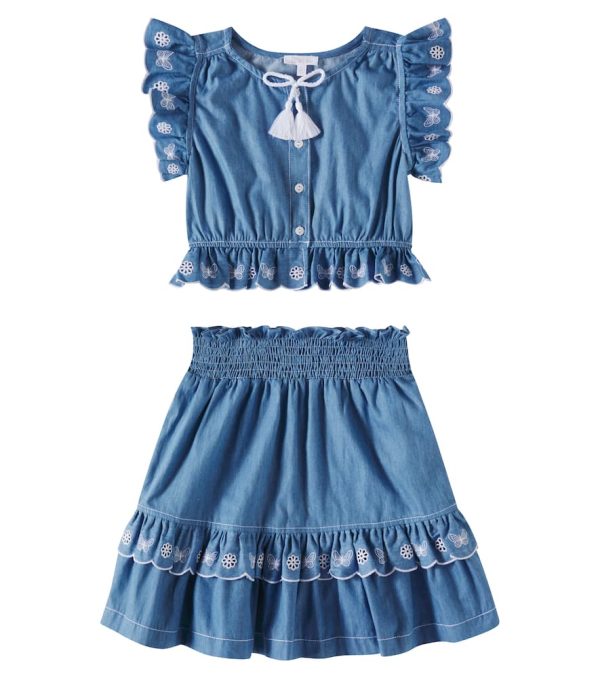 Patachou Embroidered denim top and skirt set