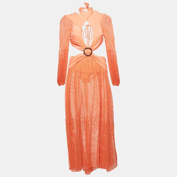 Patbo Coral Pink Mesh and Jersey Cut-Out Sheer Beach Dress L