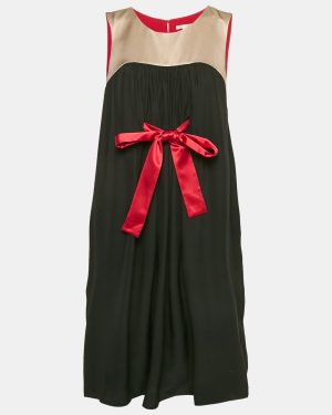 Paule Ka Black Gathered Silk Mini Sleeveless Shift Dress S