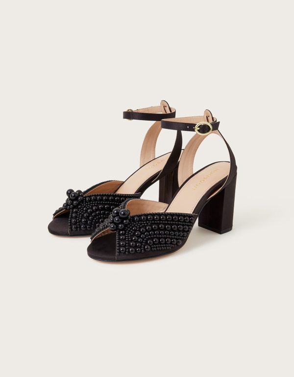 Pearl Block Heeled Sandals Black