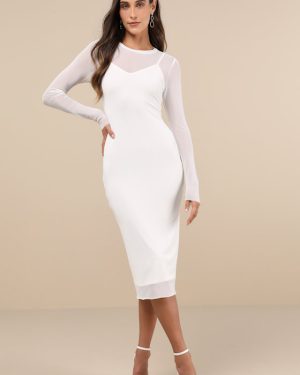 Perfect Plans Ivory Sheer Mesh Long Sleeve Bodycon Midi Dress