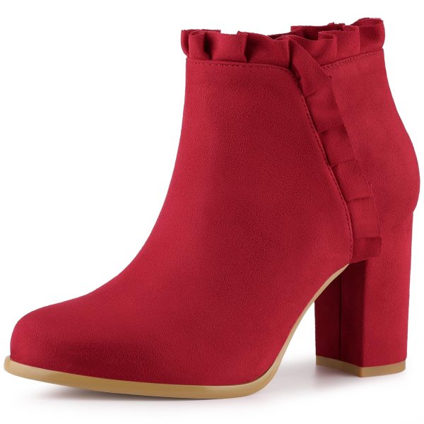 Perphy Women's Ruffle Block High Heels Ankle Boots Red 7.5 9.5
