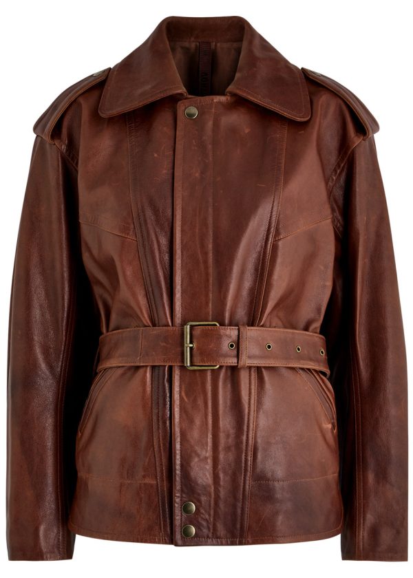 Petar Petrov Superbad Distressed Belted Leather Jacket - Dark Brown - M (UK12 / M)