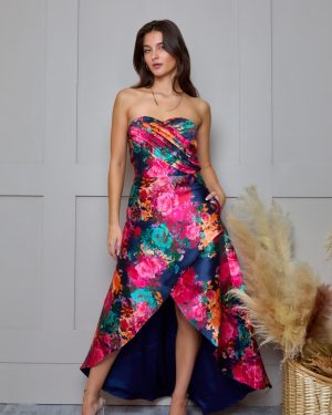 Petite Bandeau Sweetheart Floral Wrap Detail Dip Hem Dress in Navy - 8