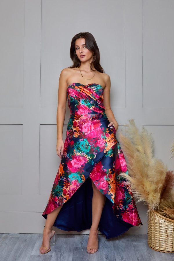 Petite Bandeau Sweetheart Floral Wrap Detail Dip Hem Dress in Navy - 8