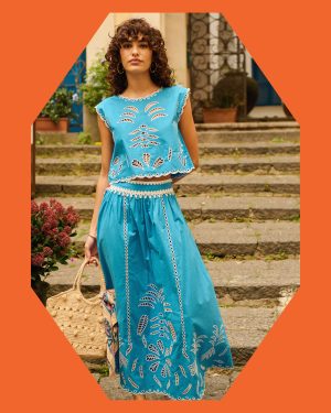 Petite Mendigote Jose Embroidered Maxi Skirt Blue
