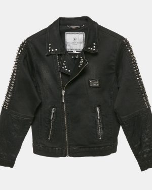 Philipp Plein Junior Black Studded Faux Leather Denim Jacket 8 Yrs